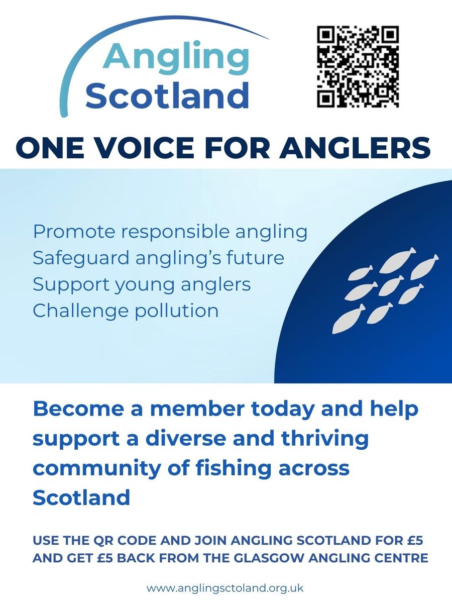 Join Angling Scotland today and help us speak louder on clean water, healthy rivers, and the future of fishing.
With support from Glasgow Angling Centre, the first 10,000 anglers can join Angling Scotland for FREE with a £5 membership  returned as a voucher. Use QR CODE