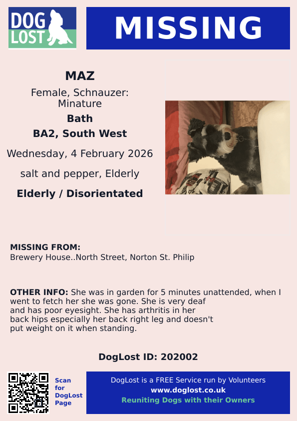 millypod1's tweet photo. 🆘4 FEB 2026 #Lost Maz #ScanMe
ELDERLY, DEAF & POOR EYESIGHT
Schnauzer: Minature Female
Brewery House, North Street #NortonStPhilip #Frome #Bath #Somerset #BA2
https://t.co/8zhFPg2Pcw https://t.co/pq8xxZ0ahH