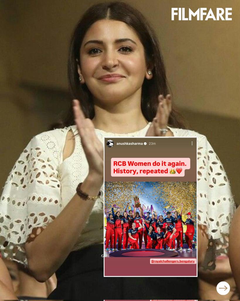 filmfare's tweet image. #AnushkaSharma hails #RoyalChallengersBangaluru women's team as they lift the #WPL trophy. 🎉

#Trending #RCB
