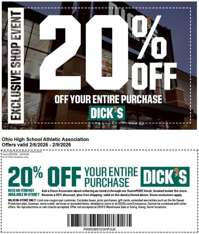 Hey Blackbirds! Need to gear up for spring sports?

DICK’S Sporting Goods &amp; OHSAA are teaming up for 20% off your purchase this weekend: Friday, 2/6 – Monday, 2/9.

Offer available in-store at all Ohio locations.