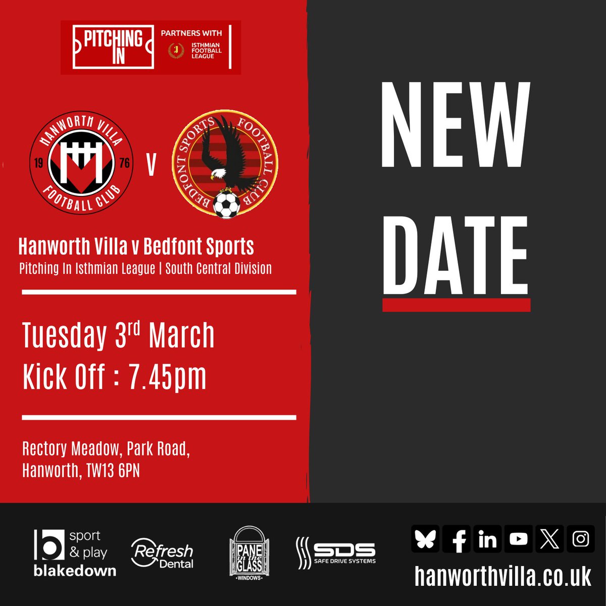 📅 NEW DATES!
Two new dates for re-arranged matches in <a href="/IsthmianLeague/">The Pitching In Isthmian League</a>
Tue 3rd March Home <a href="/BSFC_Official/">Bedfont Sports Club</a> 7.45pm
Tue 24th March Away <a href="/farehamtownfc/">Fareham Town FC</a> 7.45pm