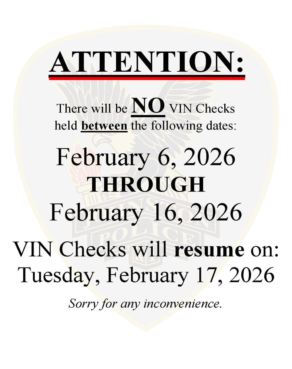There will be NO VIN Checks held between the following dates:
February 6, 2026 - February 16, 2026
VIN Checks will resume on: Tuesday, February 17, 2026
Sorry for any inconvenience.
