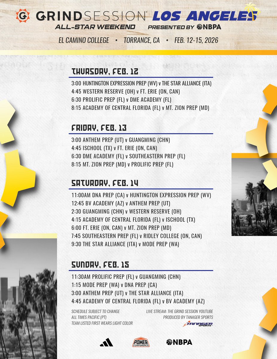 thegrindsession's tweet photo. 🚨Official Grind Session All-Star Weekend Los Angeles presented by the National Basketball Players Association (NBPA) Schedule 

Four days of elite competition featuring top programs from across the United States and around the world, coming together in Los Angeles during All-Star Weekend.

This event marks a special partnership with the NBPA, bringing together high level basketball, education, and opportunity in a curated environment.

📍 El Camino College, Torrance, CA
📅 February 12 to 15, 2026
📺 All games live streamed on The Grind Session YouTube
🎟️ Tickets Available via Eventbrite or at the door

Schedule subject to change