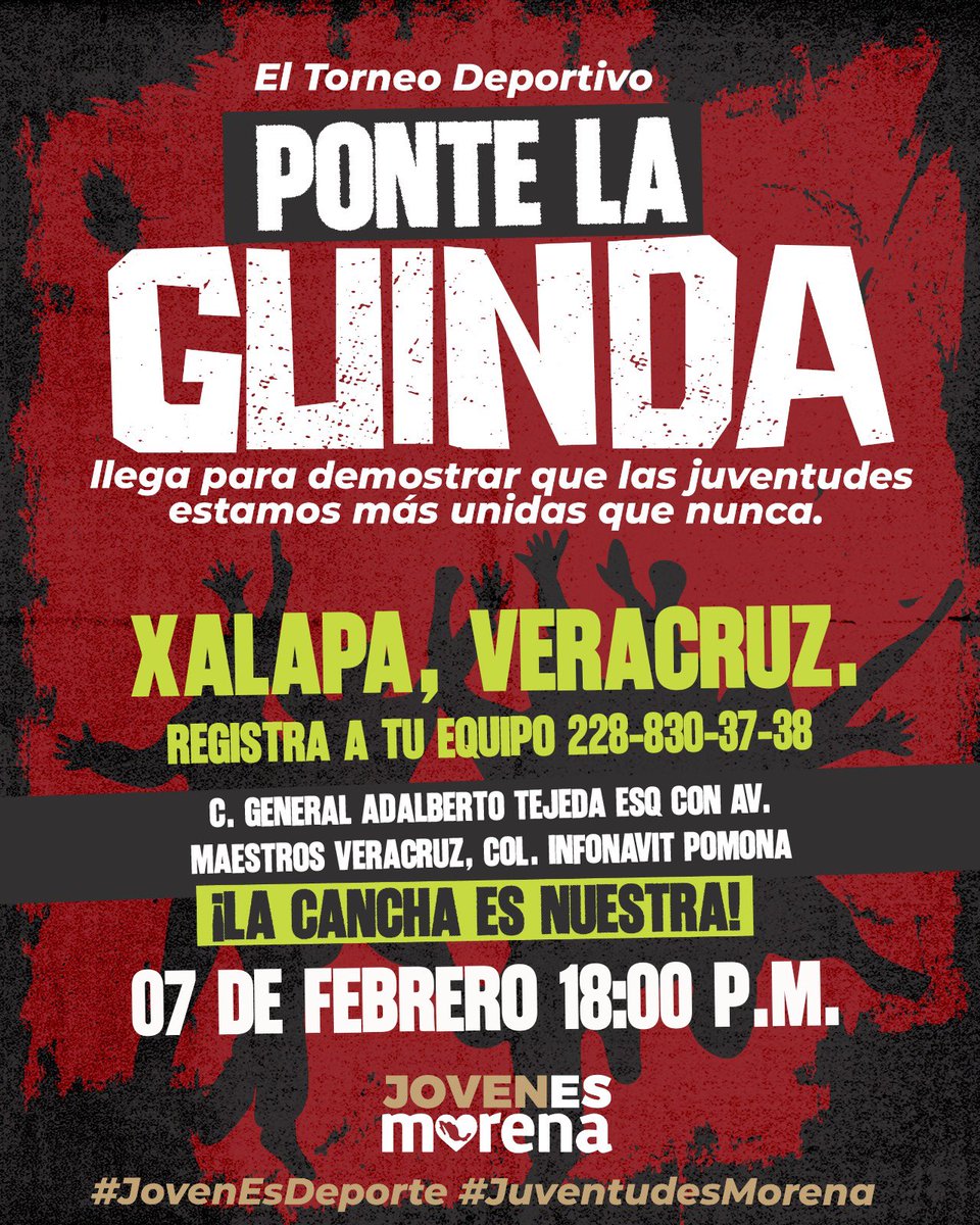 Te invitamos al torneo deportivo "Ponte la Guinda". Ven con tu equipo y seamos parte de esta gran convivencia en Xalapa. ¡Demostremos que el relevo generacional tiene fuerza y talento!

🗓️ Cita: 07 de febrero | 18:00 hrs.
📝 Inscripciones al: 228-830-37-38
