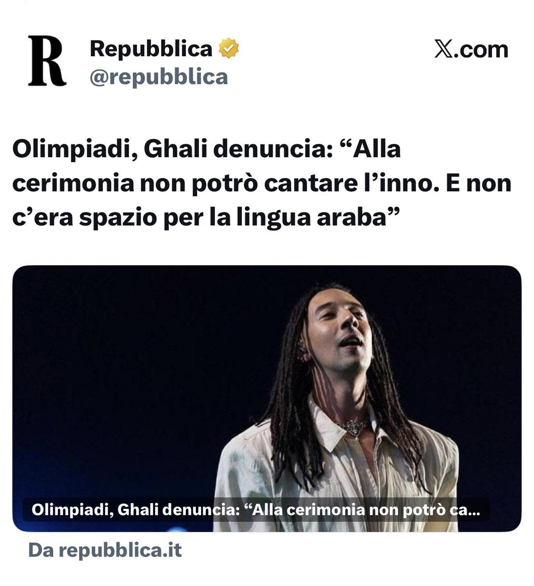 AzzurraBarbuto's tweet photo. Ghali si lagna perché non può usare l’arabo alla cerimonia di apertura delle Olimpiadi Milano-Cortina e accusa, non si capisce chi, di volerlo censurare. Ma perché abbiamo dato spazio a questo ingrato e ostile immigrato con cittadinanza italiana immeritata? https://t.co/jVA9MmhsHG