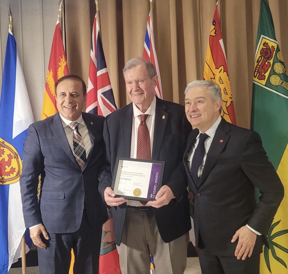 PeterMaloney's tweet photo. Celebrating 10 years of service on Parliament Hill at the House of Commons at the Speaker’s Long Service Awards night. @shafqatalimp https://t.co/mHVnAOQgjH