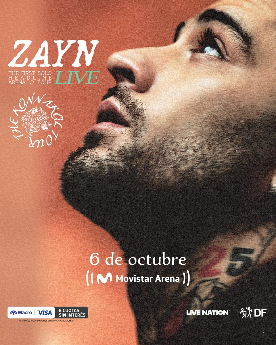 RecitArg's tweet photo. Zayn llegará por primera vez a Argentina!

Finalmente llegó el día: a horas de anunciar su nuevo álbum, Zayn Malik confirmó su llegada a Argentina en lo que será su primera gira de presentaciones en vivo desde que dejó One Direction.

💿 Konnakol, su nuevo álbum de estudio, saldrá el próximo 17 de abril. “Die for Me” primer adelanto del disco, estará disponible mañana (6/2).

📅 6 de Octubre
🏟️ Movistar Arena
🎟️ Entradas en https://t.co/T9MgGTCZjk

💳 Preventa Macro Selecta el 11 de febrero 16h
👉🏻 Venta general: 13 de febrero, 16h