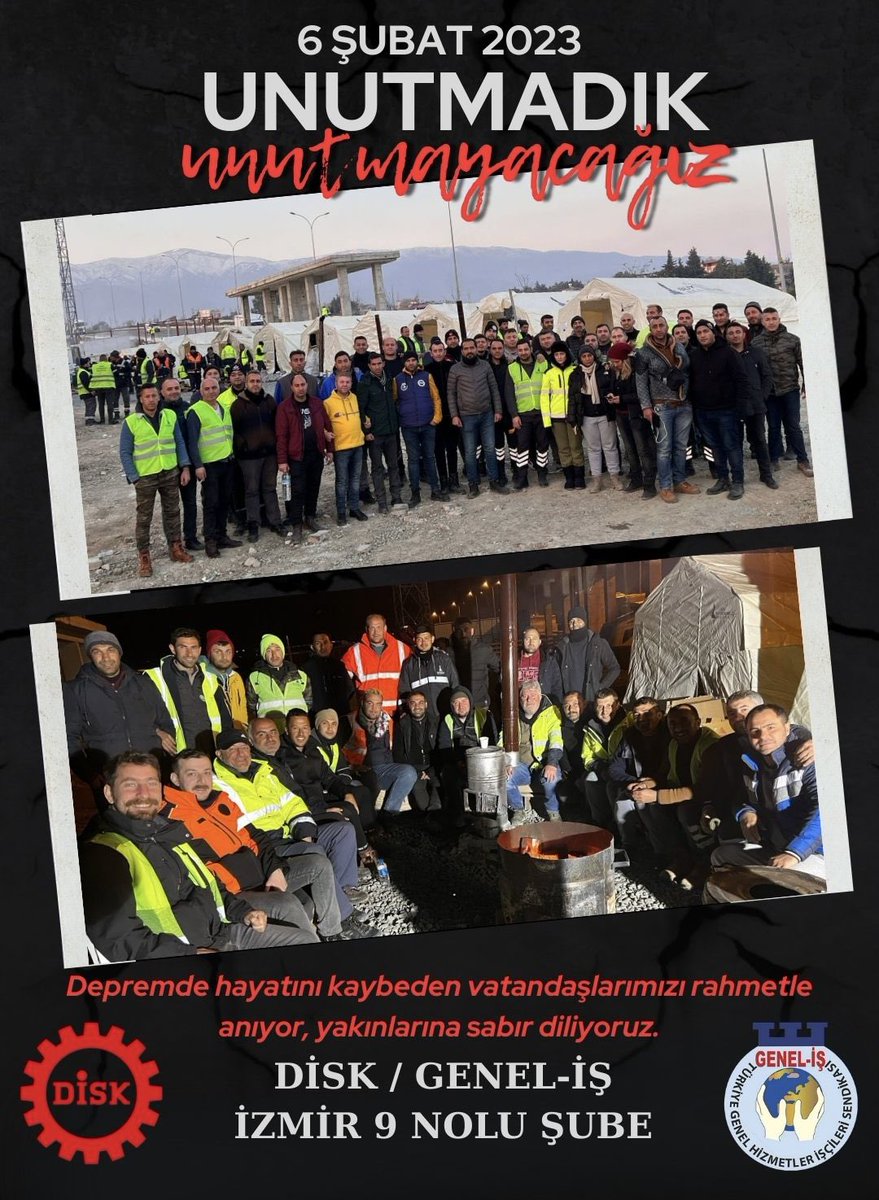 6 Şubat 2023’ü UNUTMADIK, UNUTMAYACAĞIZ.
 
Depremin ilk anından itibaren dayanışmayı büyüten emekçiler olarak; çadırlarda, enkaz başında, aşevlerinde omuz omuza verdik. Kaybettiklerimizin acısı hâlâ yüreğimizde, sorumluluğumuz ise daha güçlü.
 
 9 NOLU ŞUBE YÖNETİM KURULU