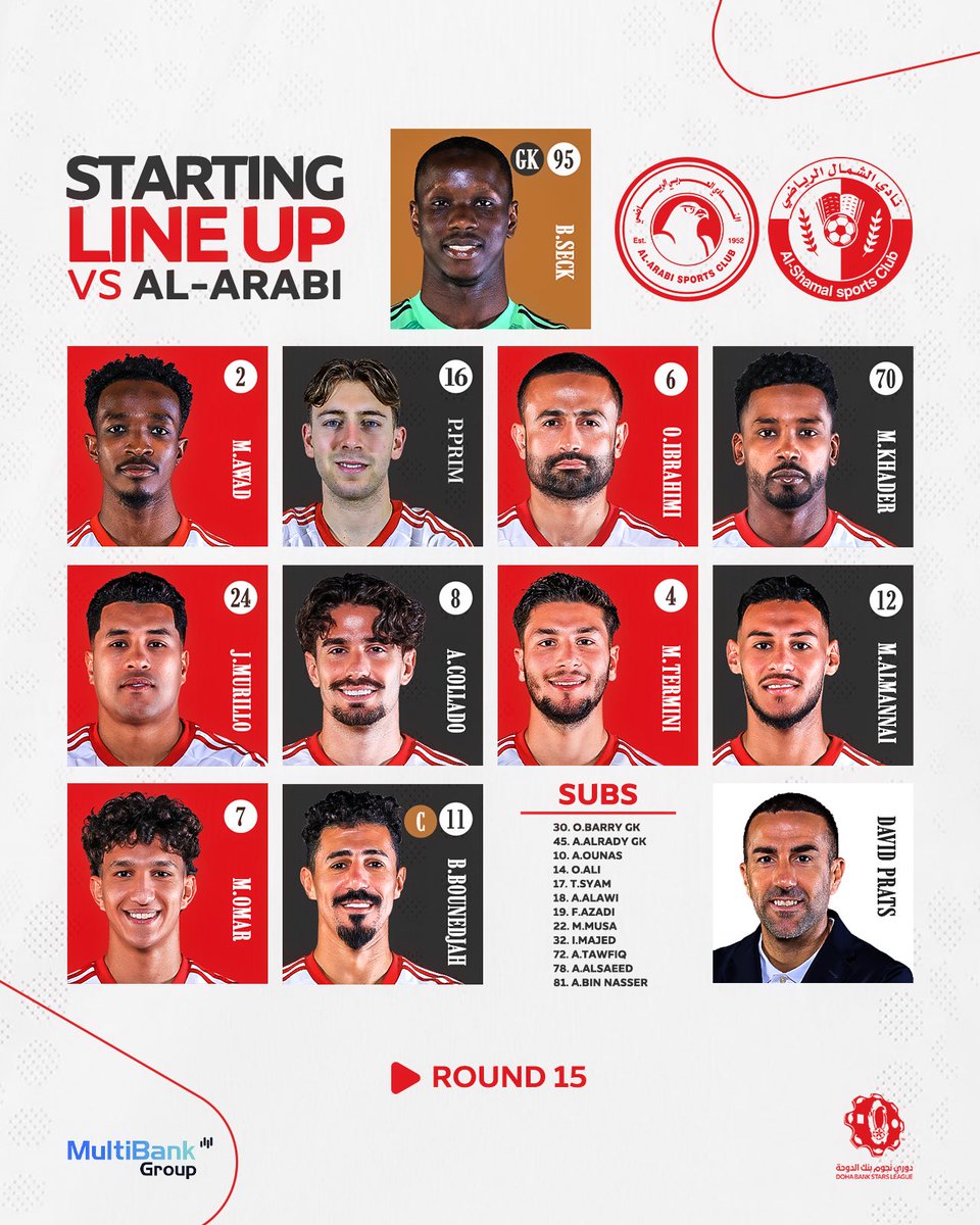 alshamal_club's tweet photo. 📋 هُنـا قائـمة #الشمال لمواجهة العربي 
تحت قيادة المدير الفني "ديفيد براتس" ❤️

#الشمال_العربي |#دوري_نجوم_بنك_الدوحة https://t.co/c5D6WI5fz9