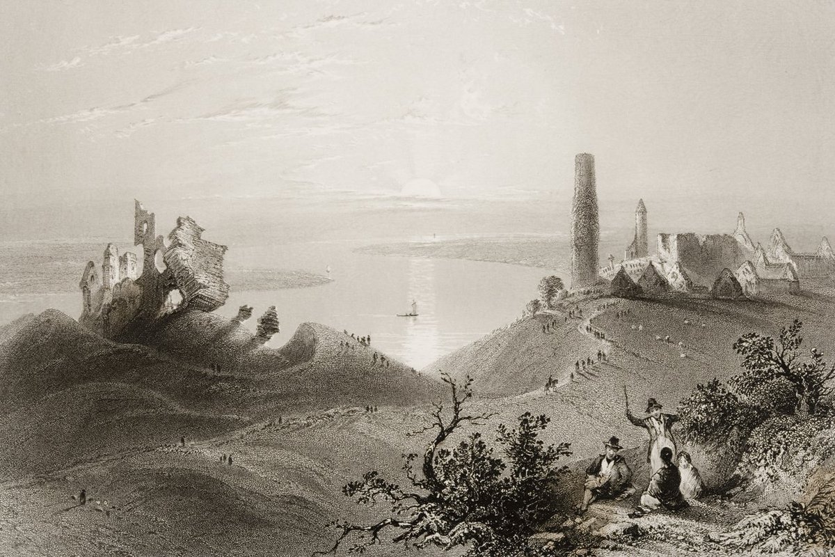 GaelicFuturist's tweet image. View of the 'Seven Churches of Clonmacnoise', County Offaly, Ireland, 

from 'Scenery and Antiquities in Ireland' by George Virtue, 1860