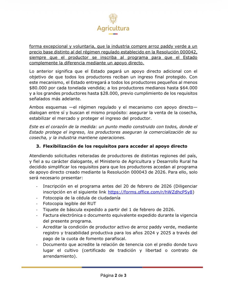 MinAgricultura's tweet photo. #BoletínDePrensa 🚨 | ¡La #RevoluciónPorLaVida le cumple al sector arrocero con medidas concretas!
El #MinAgricultura, en cabeza de la ministra @MCarvajalinoV, adopta medidas para la primera cosecha de arroz de 2026, como resultado del diálogo con los principales actores de esta cadena. ⬇️
