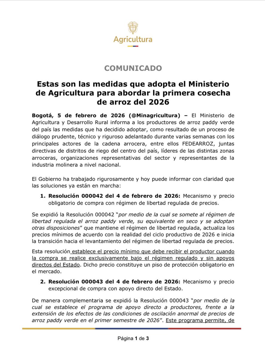 MinAgricultura's tweet photo. #BoletínDePrensa 🚨 | ¡La #RevoluciónPorLaVida le cumple al sector arrocero con medidas concretas!
El #MinAgricultura, en cabeza de la ministra @MCarvajalinoV, adopta medidas para la primera cosecha de arroz de 2026, como resultado del diálogo con los principales actores de esta cadena. ⬇️