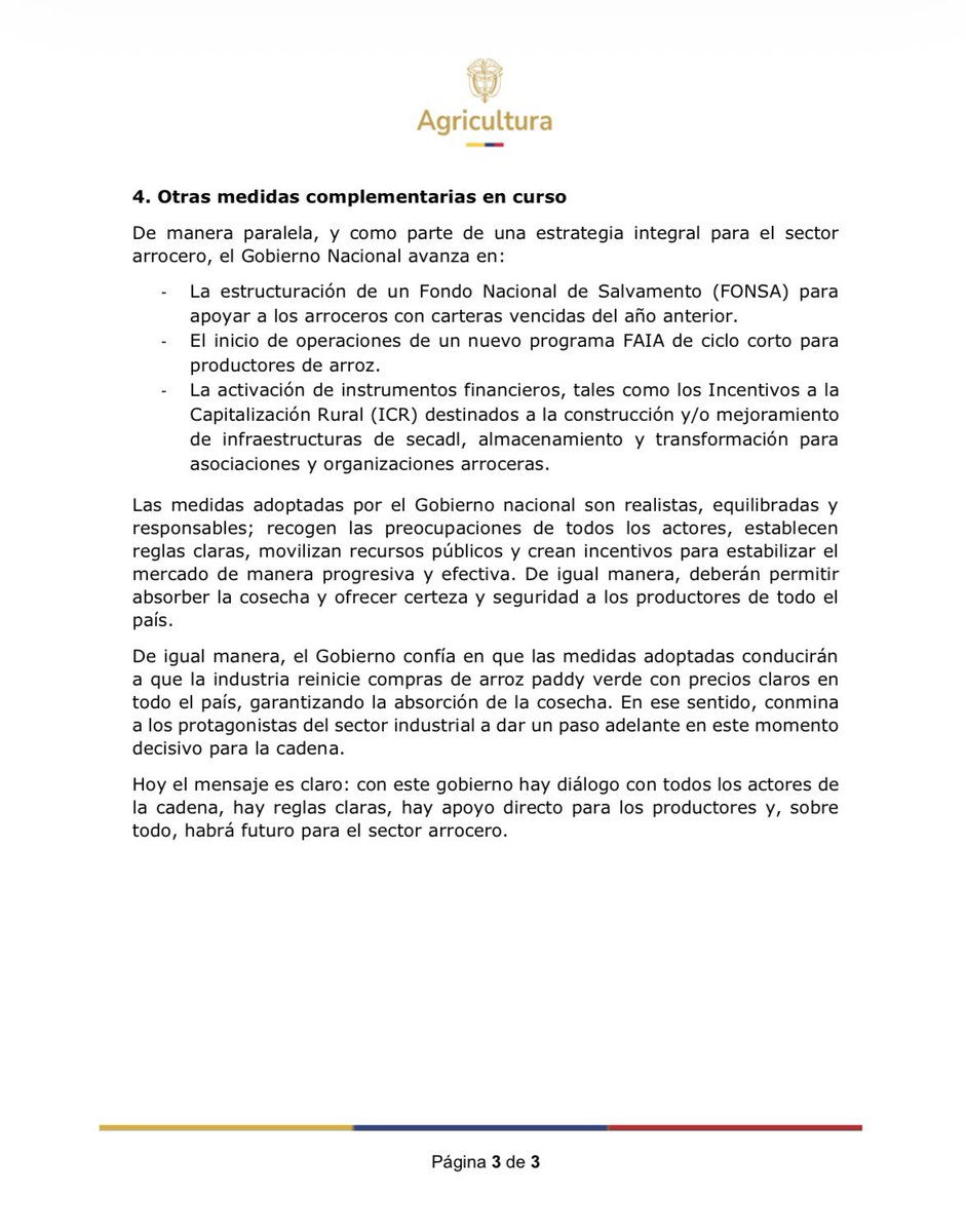 MinAgricultura's tweet photo. #BoletínDePrensa 🚨 | ¡La #RevoluciónPorLaVida le cumple al sector arrocero con medidas concretas!
El #MinAgricultura, en cabeza de la ministra @MCarvajalinoV, adopta medidas para la primera cosecha de arroz de 2026, como resultado del diálogo con los principales actores de esta cadena. ⬇️