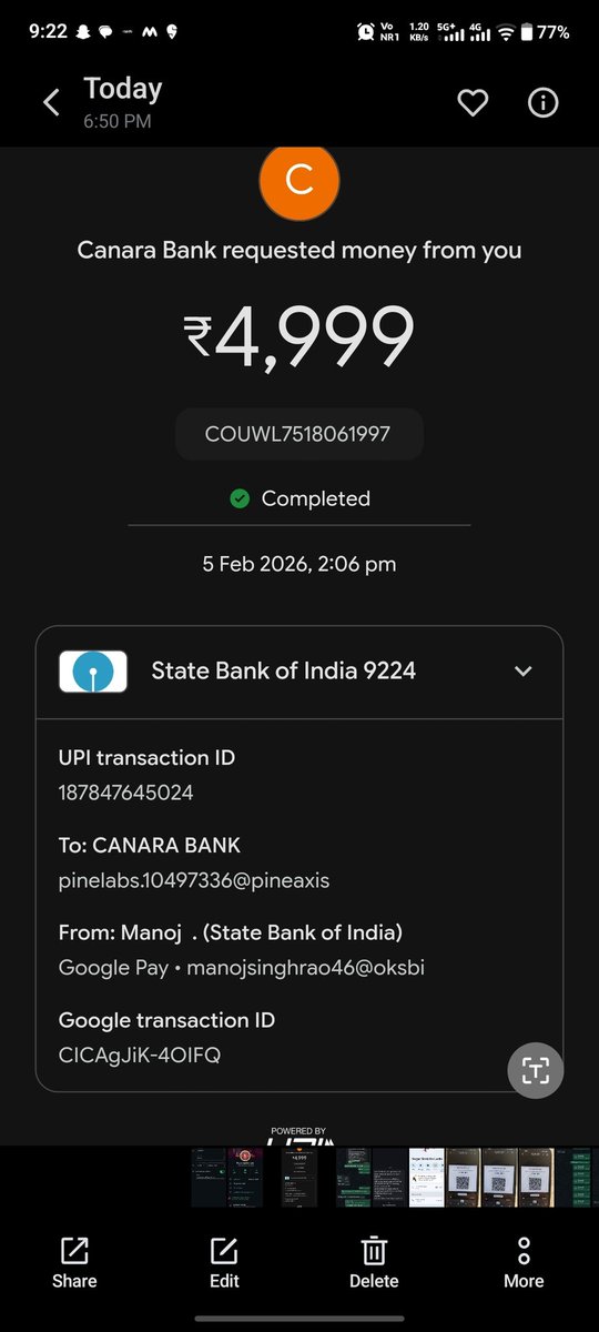 manoj15773's tweet photo. I am a victim of cyber fraud. On 1st February, I made a payment of ₹1700. Today (5th Feb), the fraudster credited ₹1 to my account via Google Pay, after which ₹1999 and ₹4999 were automatically debited from my bank account @cyberabadpolice @NagaurPolice @DelhiPolice https://t.co/BMYl5BeSTw