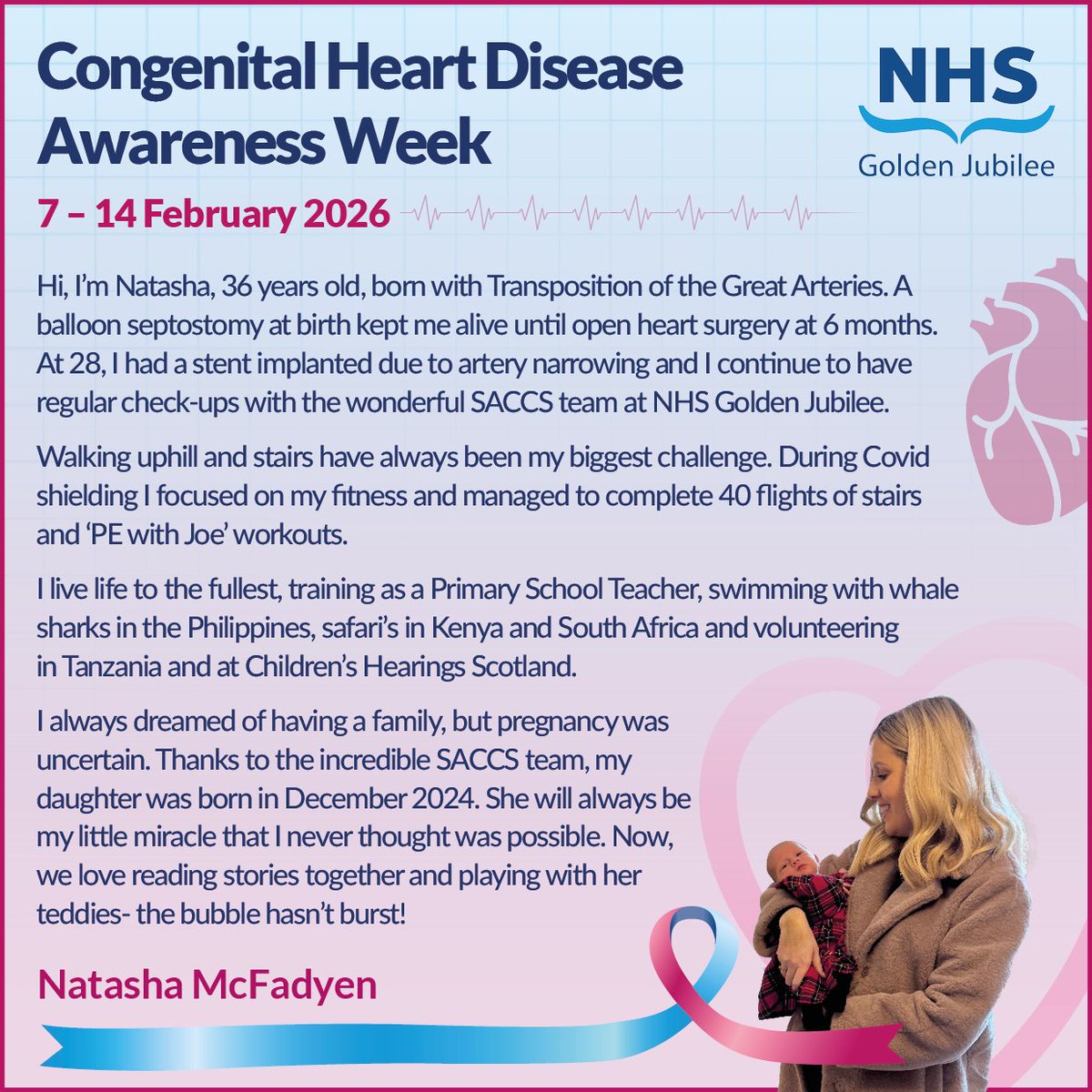 JubileeHospital's tweet photo. We're kicking off #CHDAwareness Week with patient Natasha’s story.
Born with Transposition of the Great Arteries, she’s embraced life to the fullest from teaching to travelling.
With the support our #SACCS team, her biggest dream came true when she welcomed her daughter in 2024 https://t.co/w9VsvFdNh8