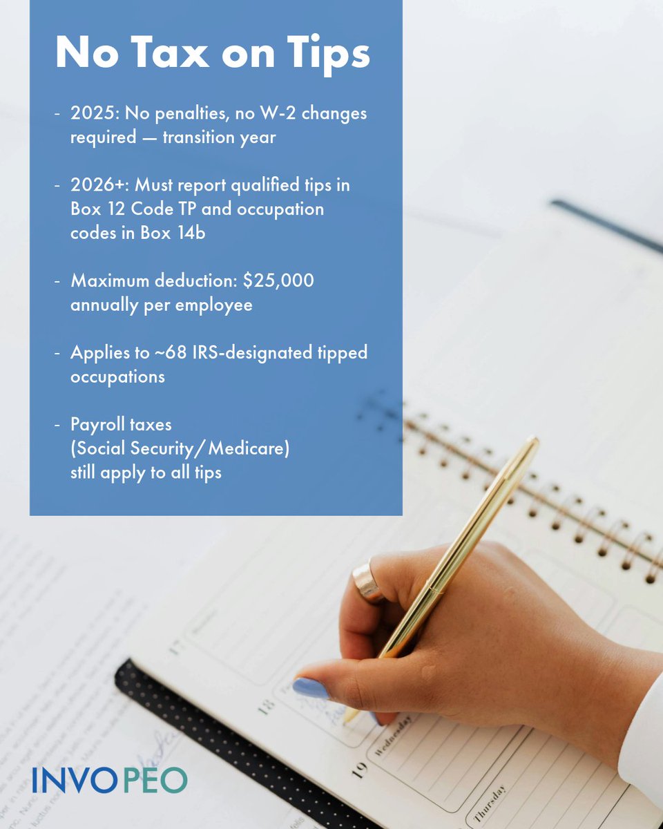 INVO_PEO's tweet photo. Tips are going tax-free soon, putting more money in your team’s pockets and lifting morale. What does this mean for your payroll, reporting, and compliance? 

Connect with INVO PEO to stay compliant and make the most of this advantage for your business.
#PayrollCompliance #Taxes https://t.co/apn2NV3ZRL