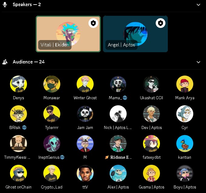 Shout out and a big Thank You to <a href="/ekidenfi/">Ekiden</a> founder <a href="/dervoiedk/">Vitali ☀️</a> for spending time with the <a href="/Aptos/">Aptos</a> Collective this morning!  

This was another Aptos Collective AMA hosted by <a href="/angelataptos/">angel.apt 🌐</a>, with several Aptos OGs &amp; team members in attendance including: <a href="/alex_aptos/">Alex | Aptos</a>, <a href="/NickGCat/">Nick 🌐</a>,