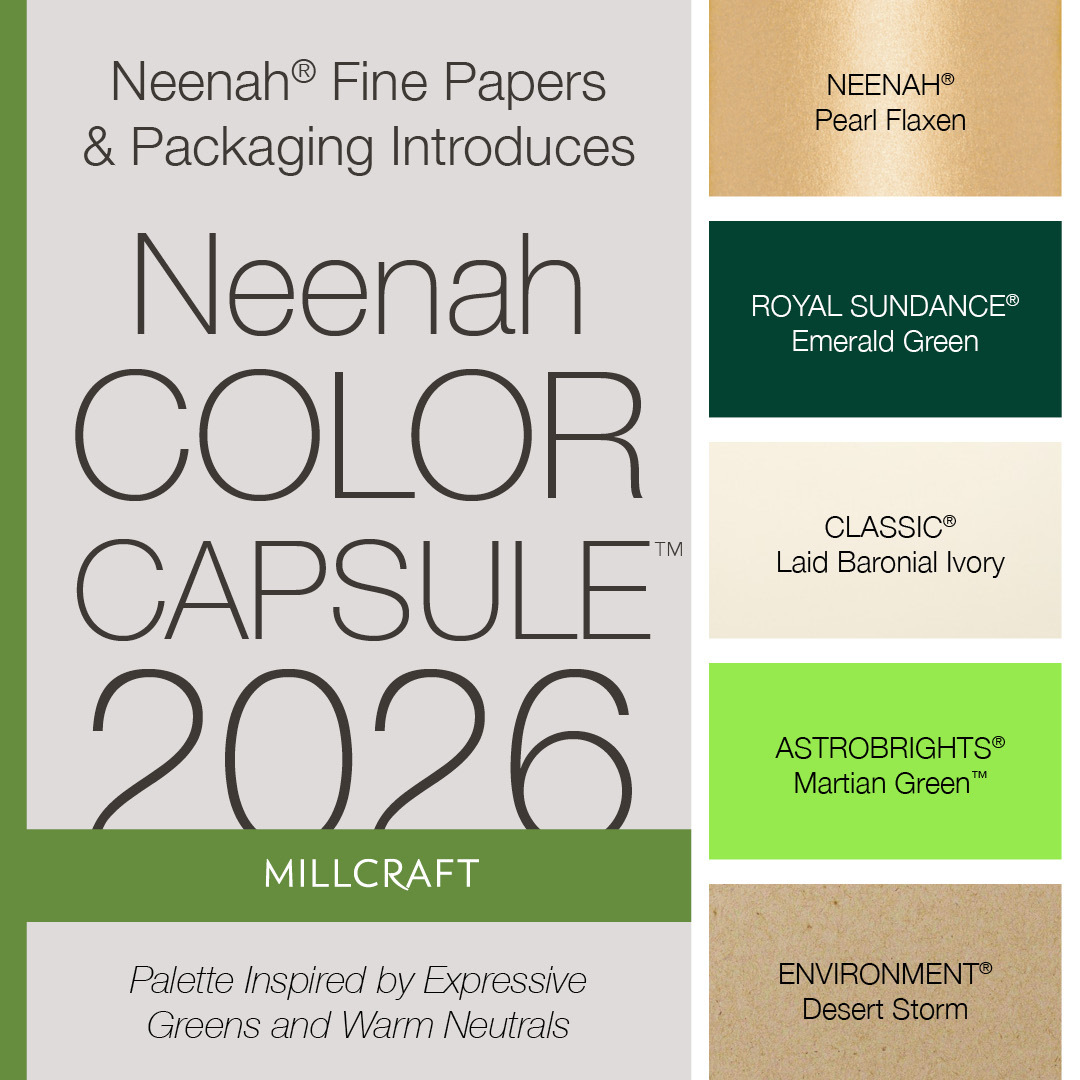 MillcraftPaper's tweet photo. Neenah Color Capsule™ 2026 is here.
Expressive greens, warm neutrals, and elevated textures curated to inspire intentional print and packaging. Millcraft can help you bring this palette to life in your next project.
#Millcraft #NeenahPaper #PrintDesign https://t.co/vyONQpNGES