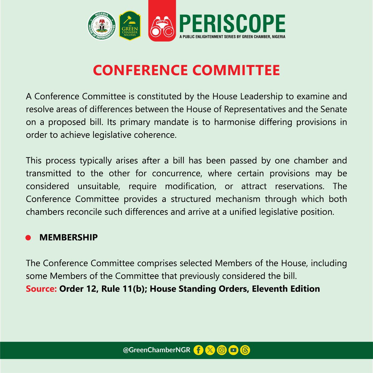 HouseNGR's tweet photo. By harmonising differences between both chambers, the Committee clears the path for Presidential assent and effective lawmaking.

Swipe to see how Parliament resolves differences and delivers results. 👇🏛️

#HouseNGR 
#Periscope
#ConferenceCommittee
#HouseStandingOrders https://t.co/g46BsXgLL8