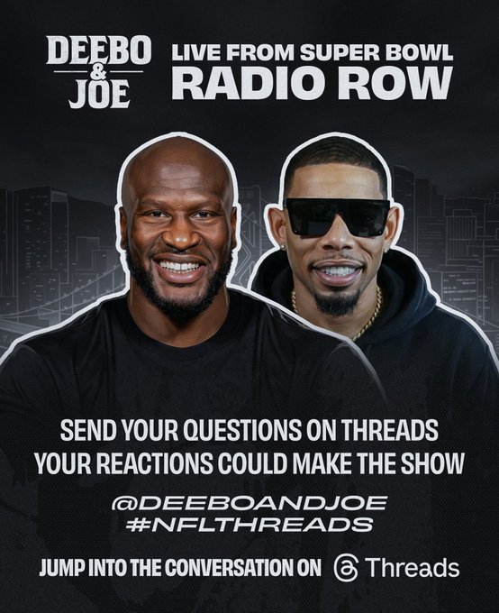 deeboandjoe's tweet photo. Deebo and Joe is LIVE at Super Bowl Radio Row! Tap in on Threads and drop your questions. They might make the show. Follow and mention us, and use #NFLThreads
๐งต: https://t.co/k4FwI1CFhJ https://t.co/4YzcPYA7DG