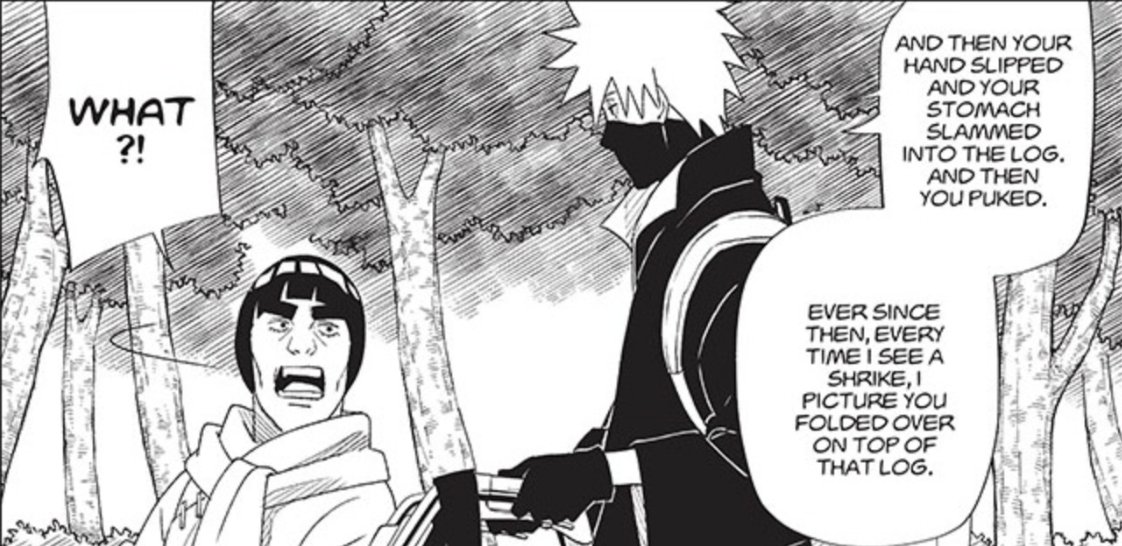 nobody:
kakashi, after seeing a bird: lmfaooo gai remember when you fucking fell and puked
