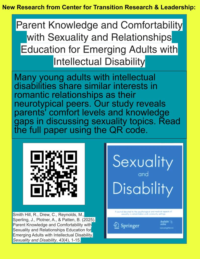 CarolinaCTRL's tweet photo. New research from CTRL: Parents of emerging adults with ID report varying levels of comfort &amp; knowledge when discussing sexuality and relationships. Scan the QR code to read the full study in @springernature Sexuality and Disability. @UofSCEducation @USCResearch @thinkcollegeICI https://t.co/vzepeMELqH