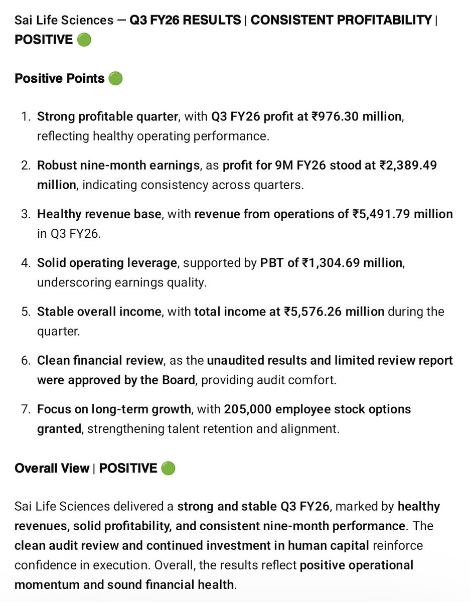 SmarTradingA's tweet photo. Sai Life Sciences – Q3FY26 Results (Positive 🟢)

#SAILIFE #SaiLifeSciences https://t.co/LR5dUyLzDO