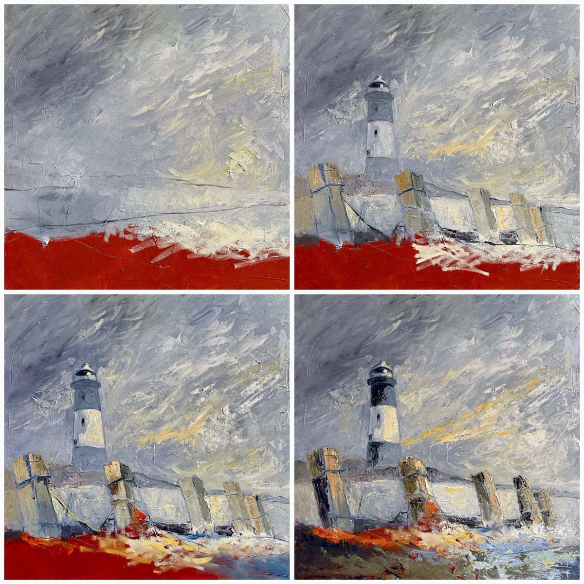 staithesartist's tweet photo. #WIP stages of #SpurnPoint #lighthouse #groynes #seascape 30x30” oils on blockcanvas https://t.co/cTR8gddrf2