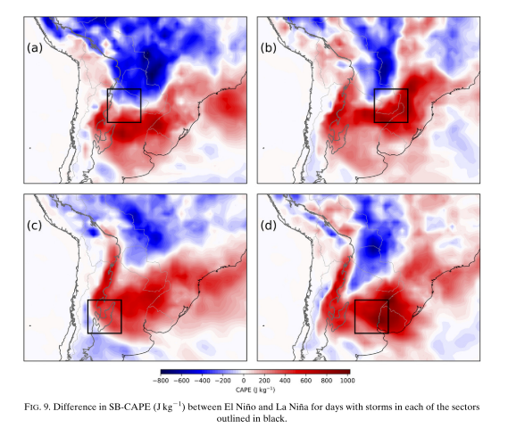 El nino tends favor all things that severe storms like: more baroclinicity e stronger storm systems, greater moisture advection from the amazon, more instability, and more wind shear. This however is more noticeable over the upper part of the La Plata Basin (NE AR, UY, PY, BR). +