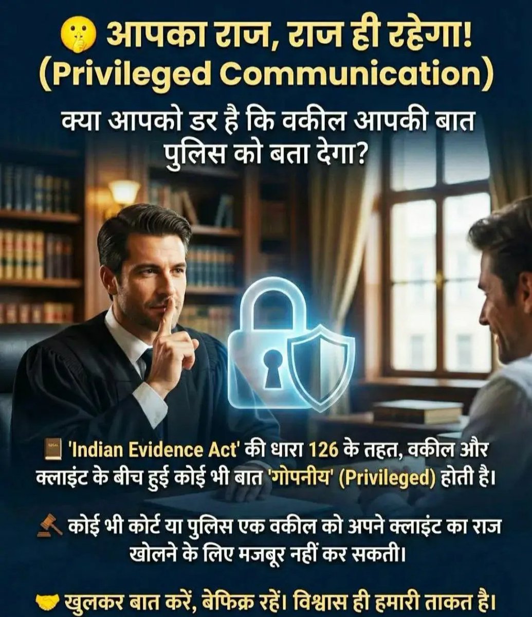PrinceSharmaa01's tweet photo. #ClientConfidentiality #Section126 #EvidenceAct #LegalEthics #TrustYourLawyer
#LegalAwareness

⚠️ Disclaimer: यह जानकारी केवल जागरूकता के लिए है। इसे कानूनी सलाह न मानें। हर केस के तथ्य अलग होते हैं, इसलिए कोई भी कदम उठाने से पहले विशेषज्ञ वकील से सलाह लें।
#Princesharma https://t.co/chmM5ANPzI