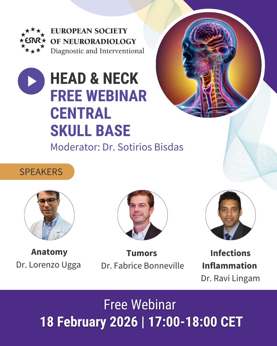 ESNRad's tweet photo. Dear residents, fellows & experts!
Sharpen your perspective on Central Skull Base with latest evidence-based practices.
📅 18 Feb 2026 | 17:00 CET
💰 FREE
🔗 Register: https://t.co/1NTm1KFUH0
#ESNR #Neuroradiology #MedicalEducation #Radiology https://t.co/lZJ3P4TjMw