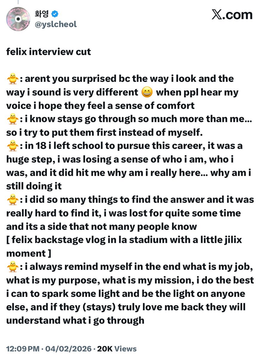 BinkieForFelix's tweet image. Hearing Felix speak this openly about his struggles hit so hard considering how he very rarely does so. He carried so much pain in silence while still choosing to comfort others, to smile for Stays, to keep going even when he questioned why he was here