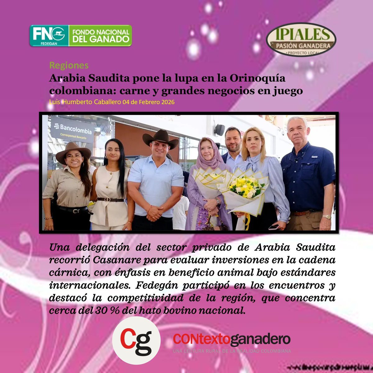 Delegación del sector privado de Arabia Saudita sostuvo reuniones con ganaderos y gremios para evaluar inversiones en carne bovina y plantas de beneficio halal en la Orinoquía.

contextoganadero.com/regiones/arabi…

<a href="/jflafaurie/">José Félix Lafaurie</a> 
<a href="/Fedegan/">FEDEGAN</a> 
<a href="/ContGanadero/">CONtexto Ganadero</a>

#ConstruyendoGanadería