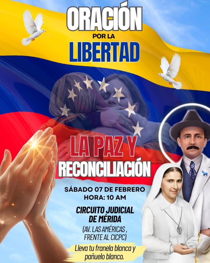 Los invito a participar este sábado 07/02 en la Oración por la libertad, la paz y la reconciliación. 🇻🇪

Desde las 10:00 am en las inmediaciones del Circuito Judicial de Mérida, avenida las Américas.

¡LIBERTAD PARA TODOS YA! ⛓️‍💥

<a href="/ReporteYa/">Reporte Ya</a> <a href="/EfectoCocuyo/">Efecto Cocuyo</a> <a href="/leoperiodista/">Leonardo León</a>