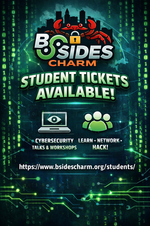 BSidesCharm's tweet photo. Still some time left for a FREE student ticket to #BSidesCharm 2026 - go to https://t.co/atwUVNhznj and follow the directions! https://t.co/BP6IllnJ5k
