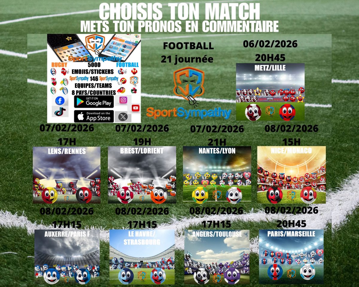 SportSympathy's tweet photo. #matchs 21 journée de #Ligue1⚽
🟢Choisis ton match 
➡Mets ton prono en commentaire 

#football #français
Affiches faites avec les5000 stickers gratuits des supporters, du clavier de l'application indépendante➡️ SportSympathy https://t.co/9osAfhuKrH