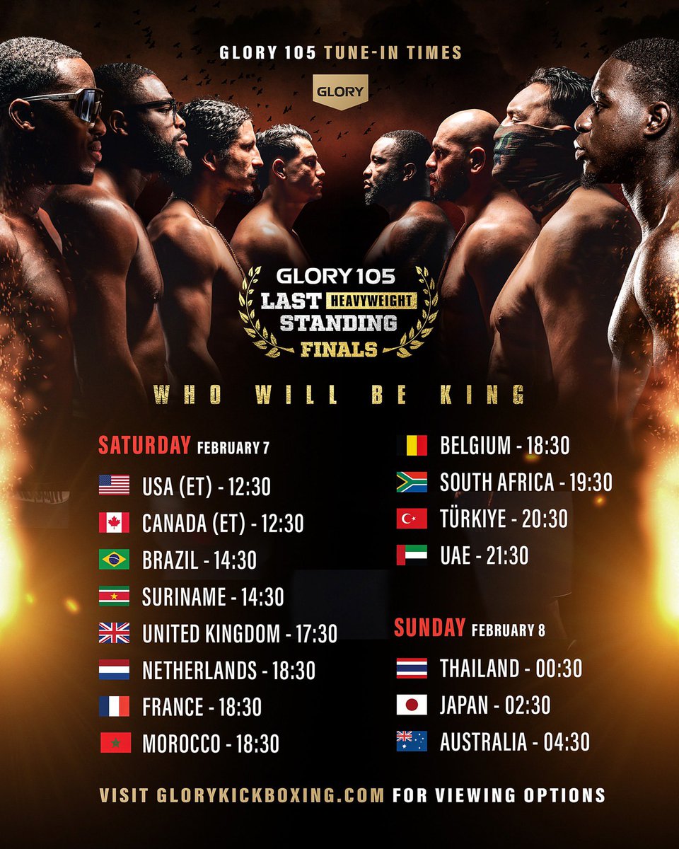 ⏰🔔 When to tune in for #GLORY105 #LASTHWSTANDING? 📺

#GLORY105 #LASTHWSTANDING is available on <a href="/kijk/">KIJK</a> in the Netherlands 🇳🇱 and on <a href="/Triller_TV/">TrillerTV</a> in over 100 countries!

Visit to glorykicboxing.com for viewing options!