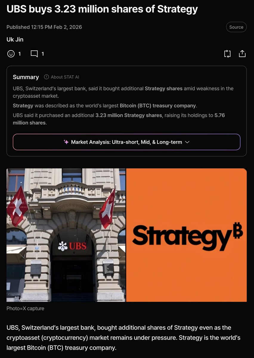 Regardez ce qu’ils font, pas ce qu’ils disent !

UBS, la plus grande banque Suisse, vient d’acheter encore 3.23 millions d’actions MSTR, pour un total de 5.76 millions d’actions (soit plus de $800 000 000).

Autrement dit, ils sont en train de s’exposer massivement à Bitcoin (de