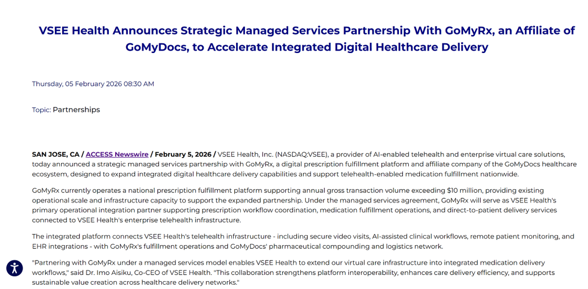 $VSEE "This partnership represents a significant milestone for the GoMyDocs and GoMyRx platform ecosystem," said George Merwin, COO of GoMyDocs. "By aligning GoMyDocs' infrastructure with VSEE's telehealth technology and GoMyRx's delivery platform, we are building a seamless