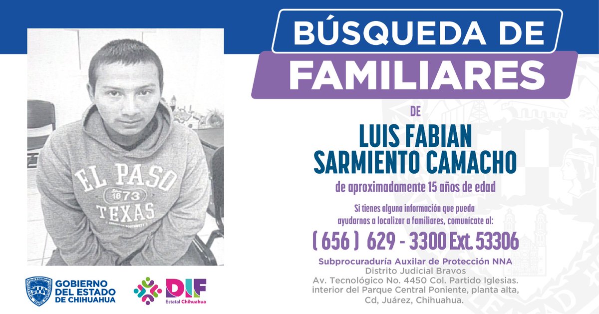 ¡AYÚDANOS A COMPARTIR! LOCALIZACIÓN DE FAMILIARES 
La Subprocuraduría de Protección de Niñas, Niños y Adolescentes (Distrito Judicial Bravos) busca a la familia de:
Luis Fabian Sarmiento Camacho , de 1 años de edad.
Si conoces a algún familiar, por favor comunícate de inmediato.
