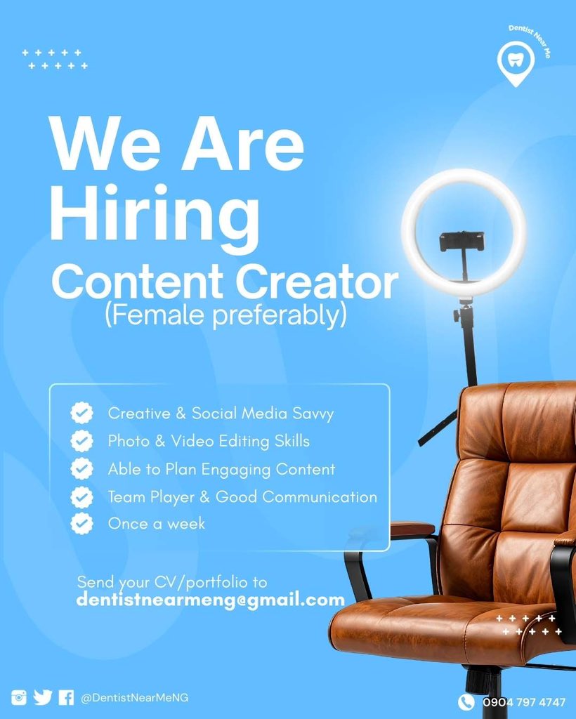 DentistNearMeNG's tweet photo. We’re looking for a creative content creator to join the DentistNearMeNG team 🦷💙

If you’re social-media savvy, great with content, and can create engaging reels and graphics — we want you!

📩 Send your CV/portfolio to dentistnearmeng@gmail.com
📞 0904 797 4747 https://t.co/yHB4qkpjIn