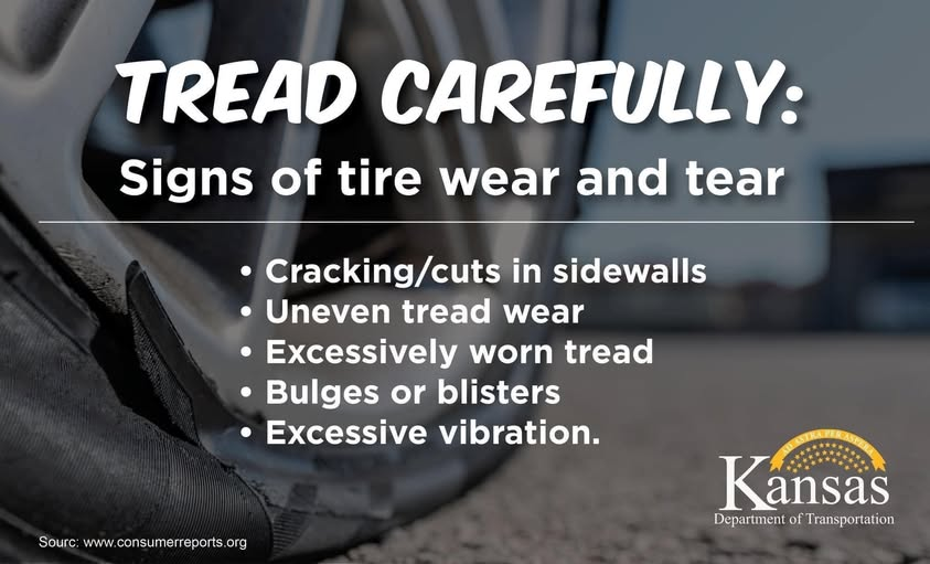 SWKansasKDOT's tweet photo. Your tires are the only thing connecting your vehicle to the road. Are you giving them the attention they deserve? https://t.co/DcVCZ13PsN