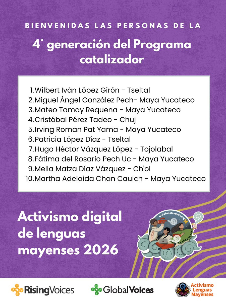 ActLenguas's tweet photo. ¡Bienvenid@s a la comunidad #ADLM de Rising Voices!
La 4ta generación del Programa catalizador ADLM integrado por personas que crean alternativas comunitarias para el cuidado y revitalización de sus lenguas.
🍃Con hablantes de tseltal, maya yucateco, chuj, tojolabal y ch’ol https://t.co/NG11nGZc8m