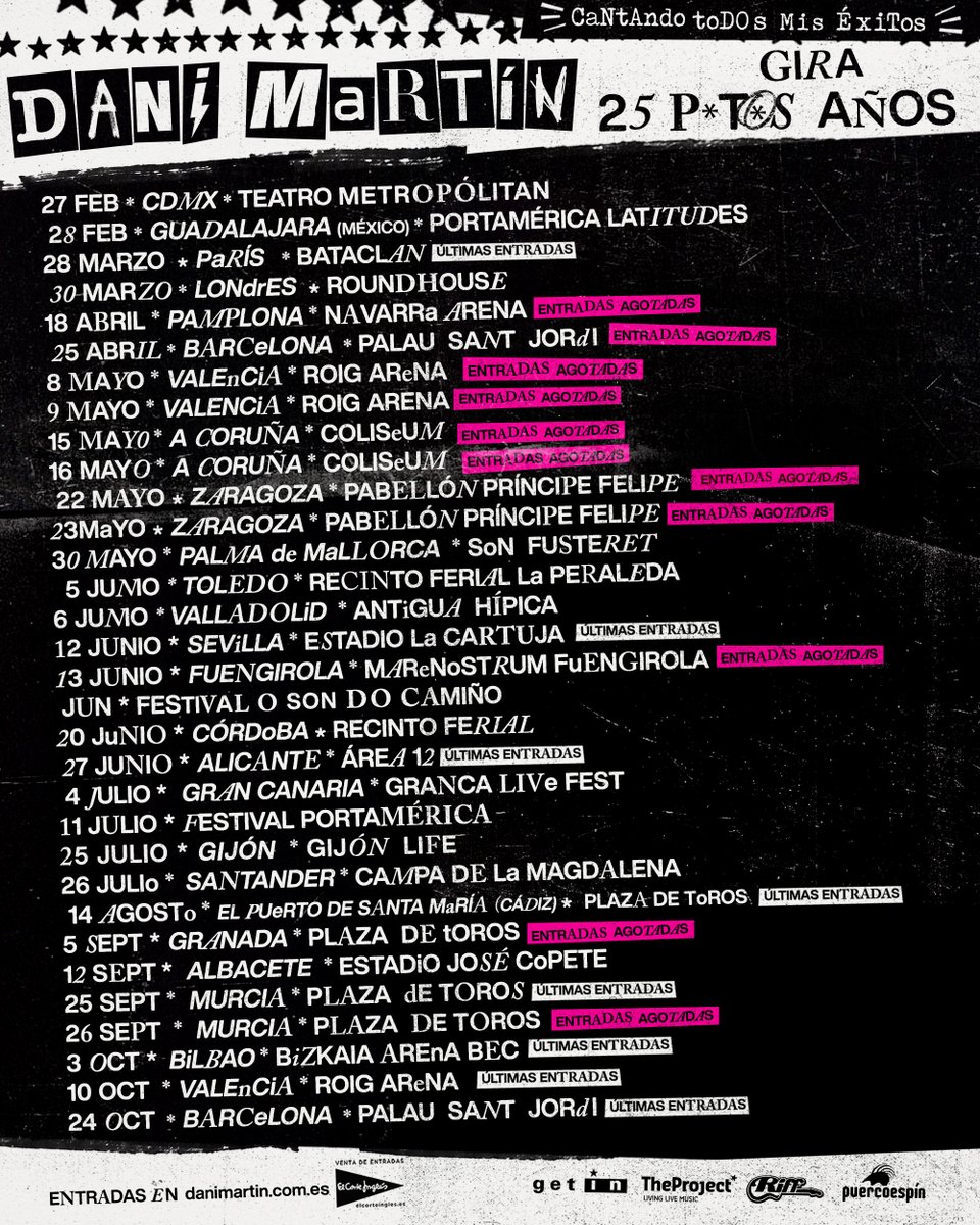 Seguís agotando más fechas. Aviso a navegantes: todo está en ultimísimas entradas, último aviso!! ya no habrá últimos tickets por implantación de escenario ni hostias!!!! Ve a por ellas YA porque todo se va a agotar en días, cabrones!!! Gracias por la lealtad y amor a mi música.