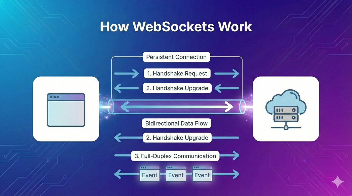 RessonanceCom's tweet photo. Most people say WebSockets are “just a persistent connection”.
That definition is technically correct and completely misleading.
WebSockets change how you design systems, not just how you send data.

Here’s how WebSockets really work 👇 https://t.co/kk3lSgA25A