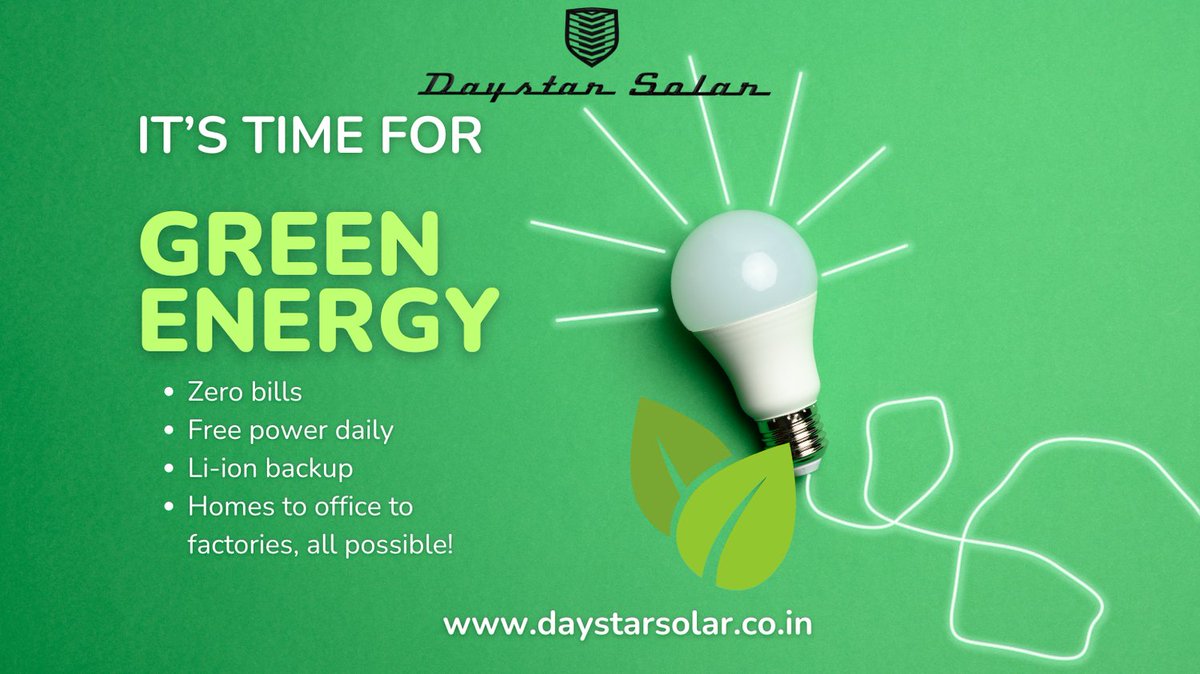 DaystarSolar's tweet photo. Its time to "grow" green with #DaystarSolar power plants! Lets talk +91-9176668617/32/34/50/51/57/64 https://t.co/XNEMwiCud9

#solar #solardb #bess #batterystorage #solarhybrid #renewables #zerobills #ecofriendly #freepower #inverter #cleanenergy #solarforlife #green https://t.co/dEoGKH1zfW