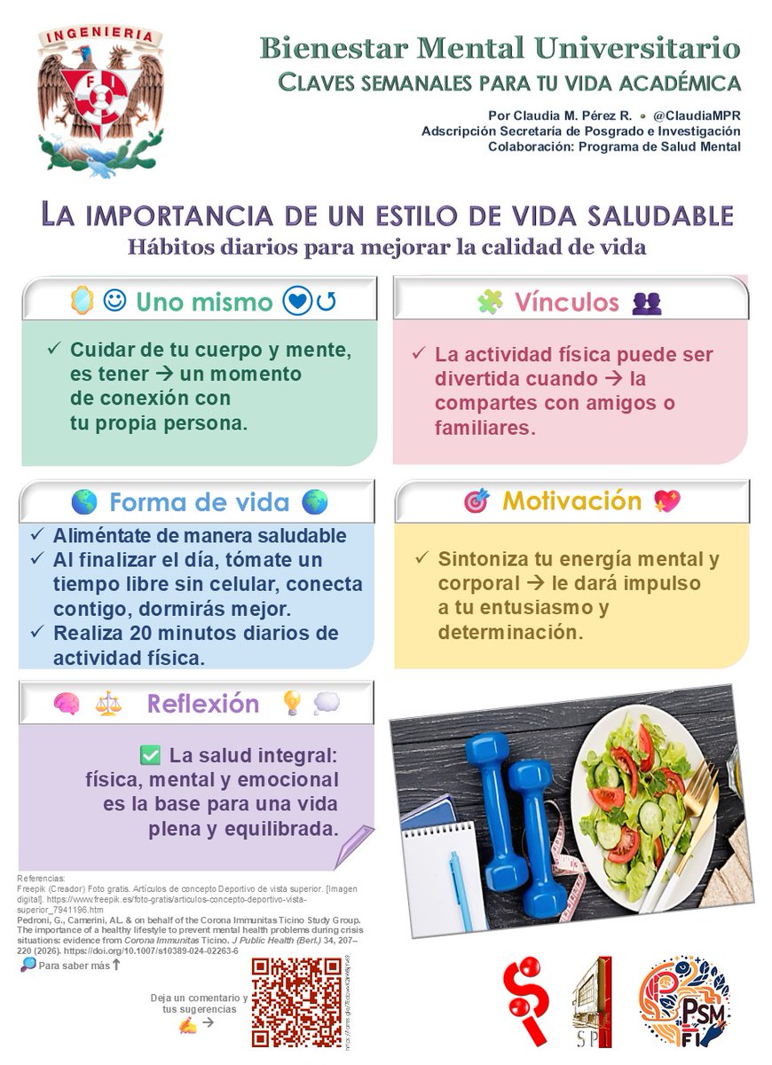 Bienestar Mental Universitario
Claves semanales para tu vida académica. 👇
Consulta esta información, que puede ayudarte a tener un estilo de vida más saludable.🙂
❤️🫂🧠💡📝
#SaludMentalFI