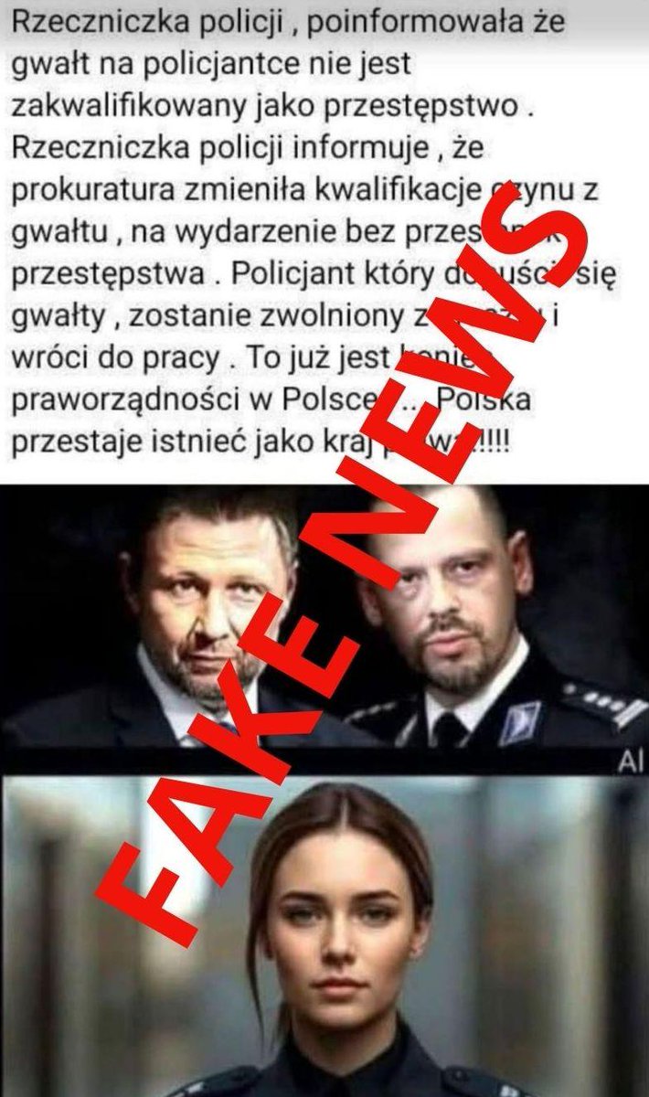 Kolejny fake news zamieszczony w sieci‼️

Dementujemy nieprawdziwe informacje dotyczące postu o zmianie zarzutów wobec funkcjonariusza Policji.
Rzecznik Prasowy Komendanta Głównego Policji nie przekazywała informacji w tej sprawie.

Wszelkich informacji dotyczących prowadzonego
