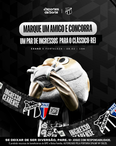 🏁 CONCURSO CULTURAL CEARÁ + ESPORTES DA SORTE 🏁

O Esportes da Sorte vai presentear 3 (três) torcedores do Vozão, cada um com: 1 (um) par de ingressos para o setor Superior Central do jogo Ceará x Fortaleza, que vai acontecer neste domingo (08/02), na Arena Castelão.

Para