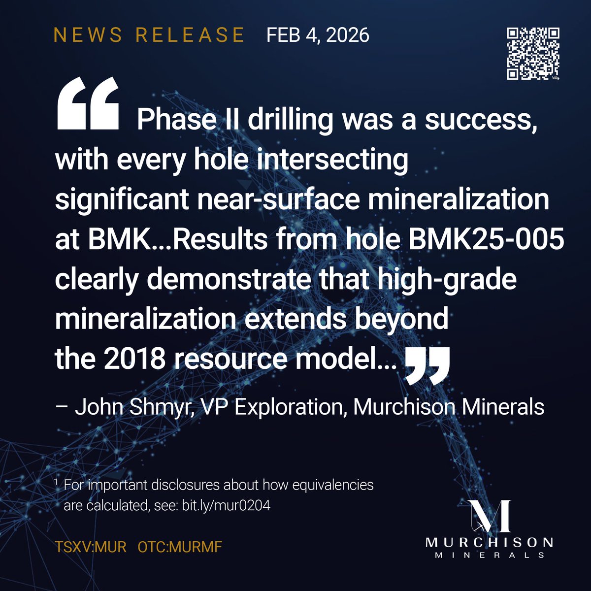 murchisonminer's tweet photo. NEW precious metal zones identified at BMK ⚡️ "These outcomes upgrade the growth potential of the deposit..." – John Shmyr VPX $MUR.V $MURMF

→ Successful drill program confirms north/south expansion with open-pit VMS upside

Source release → https://t.co/hPwI9KGZ8d https://t.co/LkN6SM2Ufc